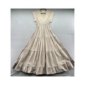 Sofia Made in Italy Dress Taupe Tiered Cotton Maxi V-Neck Elastic Waist Boho M